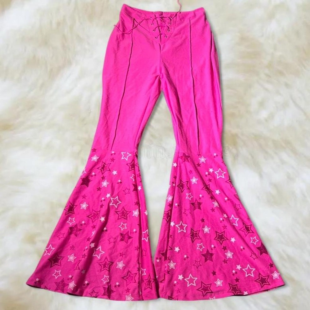 Hot Pink Star Print Lace-Up Flare Pants Y2K Low Rise Bell Bottoms XS S